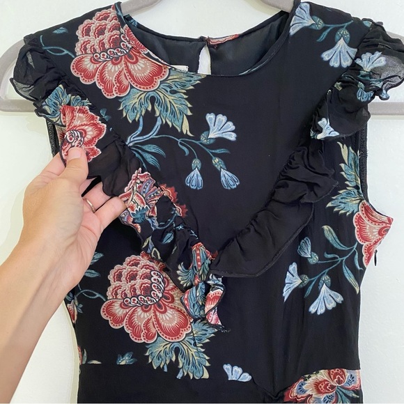 Pinko Black Floral Mid Length Ruched Cocktail Dress Ruffle Tie Hem Midi Lined - Picture 2 of 4